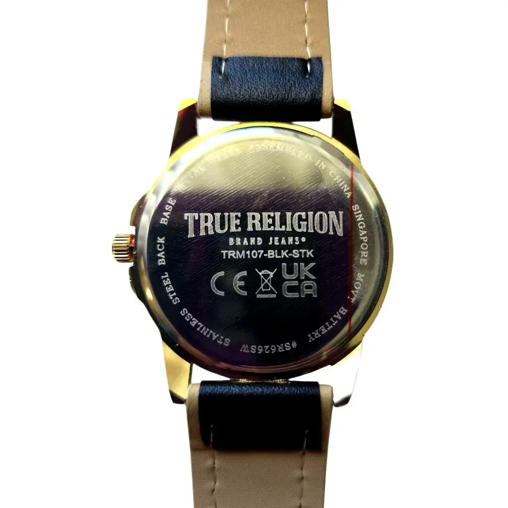 True Religion Men’s Watch Black Gold Dial TRM107 Analog Leather Strap Fashion